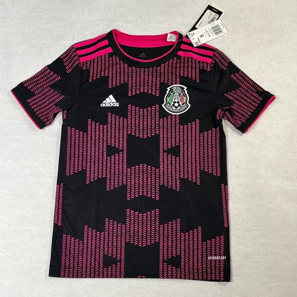 Adidas Boys Mexico 2021 National Soccer Team Black & Pink Aeroready Jersey Small - Picture 1 of 9